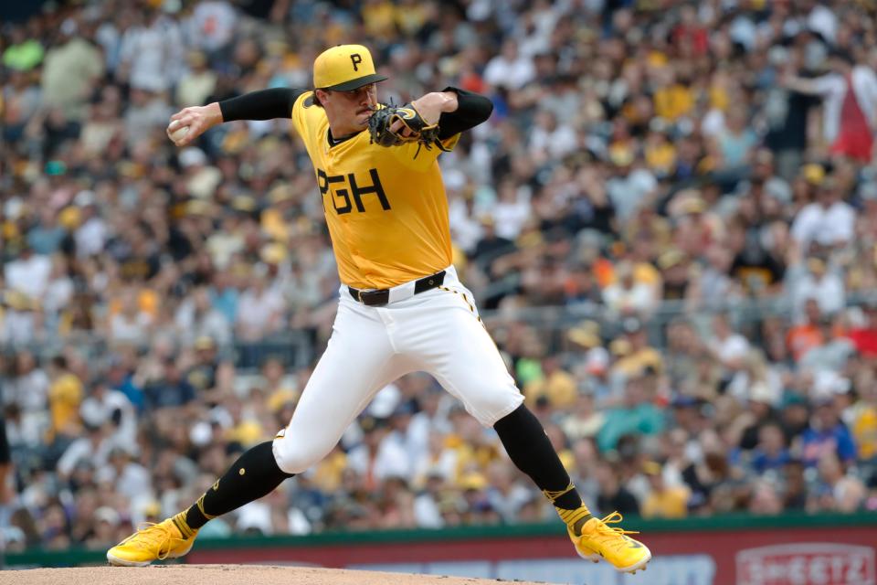 Pittsburgh Pirates starter Paul Skenes (30) delivers a pitch against the New York Mets on July 5 in Pittsburgh.