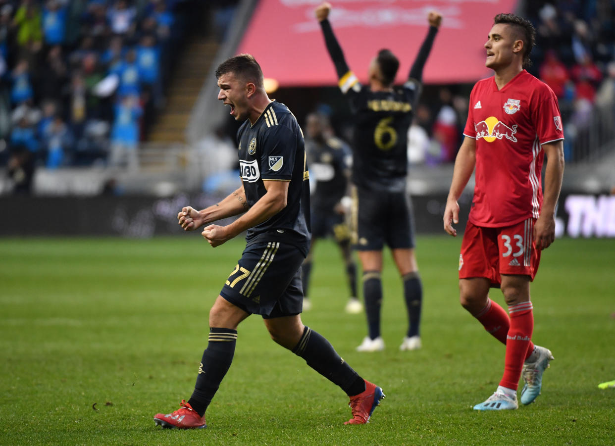 Philadelphia Union defender Kai Wagner (27) reacts after the first MLS playoff win in franchise history on Sunday. (USA Today)