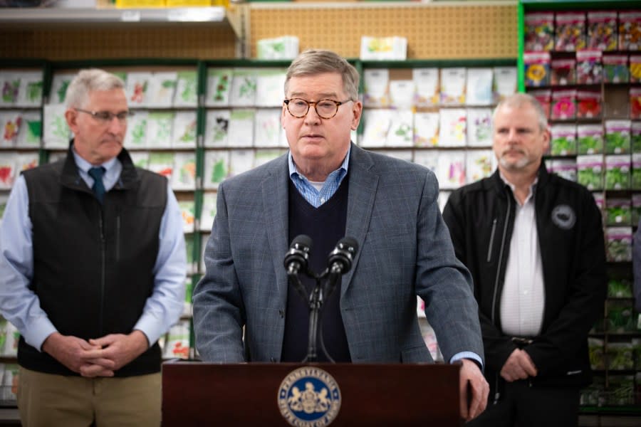 Agriculture Secretary Redding, Bureau of Plant Industry Director Frank Schneider, and industry partners joined together to highlight the recent changes to the ‘fertilizer law’ and discuss how homeowners can be good stewards of their land by using fertilizer appropriately on their properties. Pictured here is Gregg Robertson, PA Landscape & Nursery Association, delivering remarks during the event.