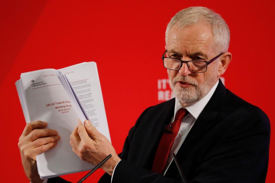Opposition Labour party leader Jeremy Corbyn holds up unredacted documents from the government's UK-US trade talks during a press conference in London on November 27, 2019. (Photo by Tolga AKMEN / AFP) (Photo by TOLGA AKMEN/AFP via Getty Images)