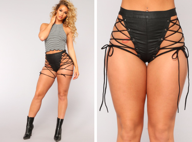 The Internet is bound to have something to say about these bizarre lace-up shorts [Photo: Fashion Nova]