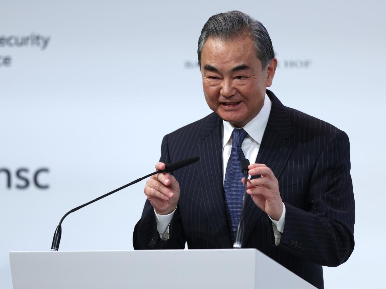 Chinese foreign affairs Minister Wang Yi speaks during the 2023 Munich Security Conference on February 18, 2023 in Munich, Germany.