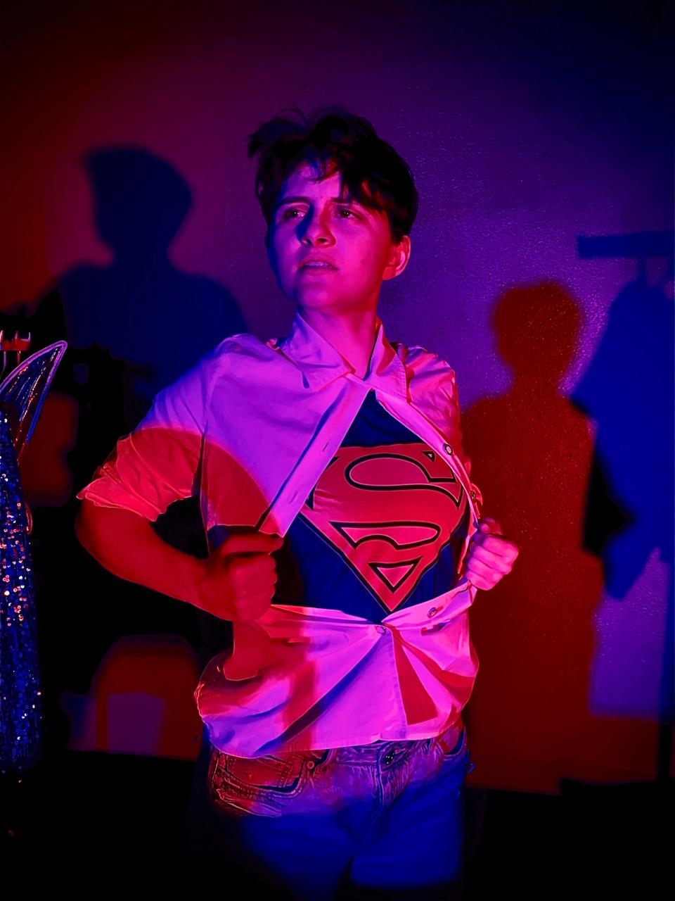 Sarah Johnson plays Superman and Clark Kent in the Dingbat Theatre Project production of the 1960s musical “It’s a Bird... It’s a Plane... It’s Superman.”