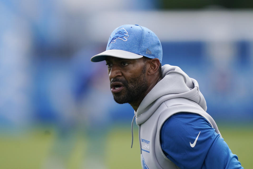 Detroit Lions defensive backs coach Aubrey Pleasant is seen during drills at the Lions NFL football practice facility, Monday, Aug. 8, 2022, in Allen Park, Mich. (AP Photo/Carlos Osorio)