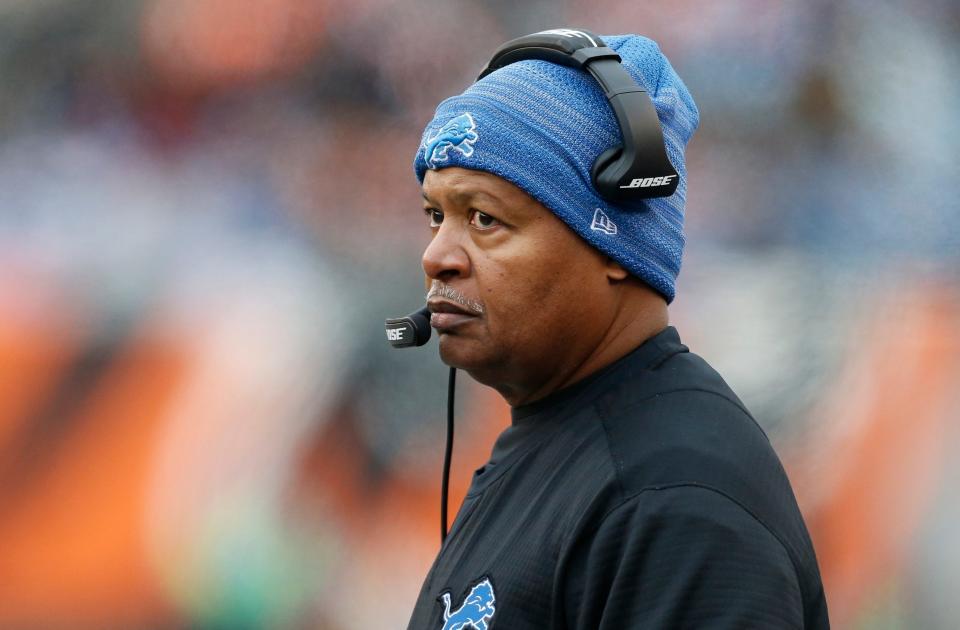 Then-Detroit Lions head coach Jim Caldwell watches during his team's game against the Cincinnati Bengals on Dec. 24, 2017.