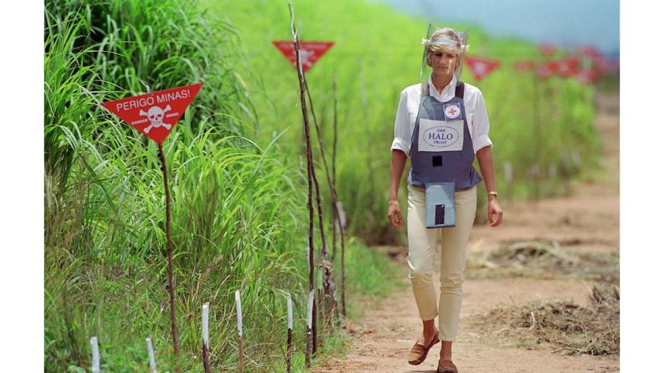 Princess Diana famously walking through a landmine minefield in 1997 