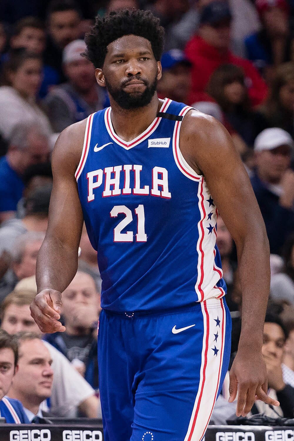 Joel Embiid #21 of the Philadelphia 76ers points against the Oklahoma City Thunder in the second quarter at the Wells Fargo Center on January 6, 2020 in Philadelphia, Pennsylvania