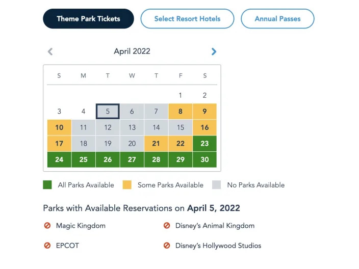 Disney's Park Pass openings for April 2022.