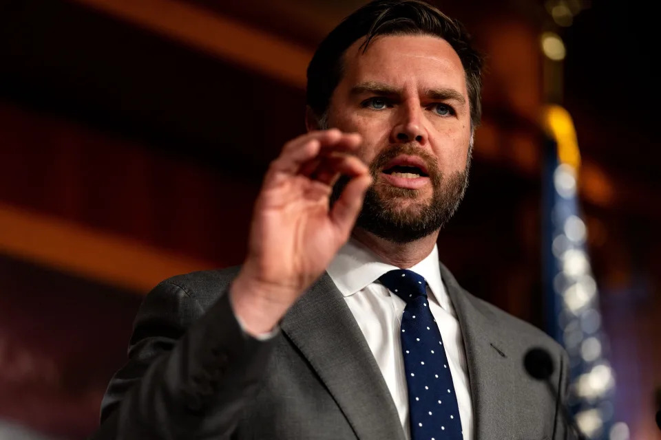 Sen. JD Vance (R-OH) gestures while speaking during a news conference on Capitol Hill on May 22, 2024 in Washington, DC.