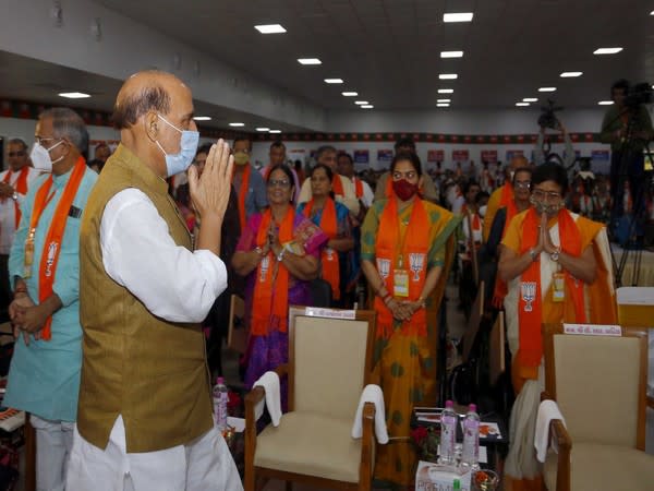 Defence Minister Rajnath Singh at Gujarat State BJP Executive meeting in Kevadia. (Photo/Twitter)