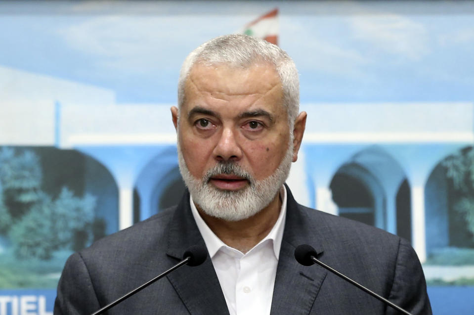 Ismail Haniyeh, the leader of the Palestinian militant group Hamas, speaks during a press conference in Lebanon in 2021.