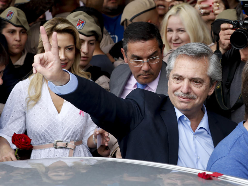 Alberto Fernandez, presidential candidates for the "Frente para Todos" coalition, arrives to vote in Buenos Aires, Argentina, Sunday, Oct. 27, 2019. Argentina could take a political turn in Sunday's presidential elections, with center-left Peronist candidate Fernandez favored to oust conservative incumbent Mauricio Macri amid growing frustration over the country's economic crisis. (AP Photo/Natacha Pisarenko)