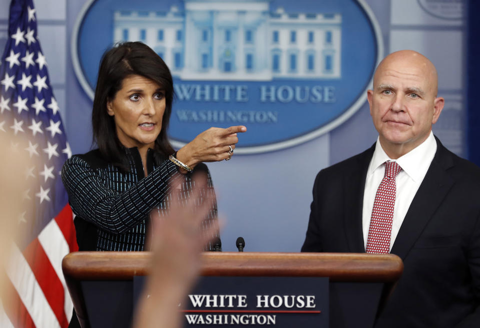 Ambassador to the United Nations Nikki Haley and national security adviser H.R. McMaster participate in a news briefing at the White House on Friday. (Photo: Carolyn Kaster/AP)