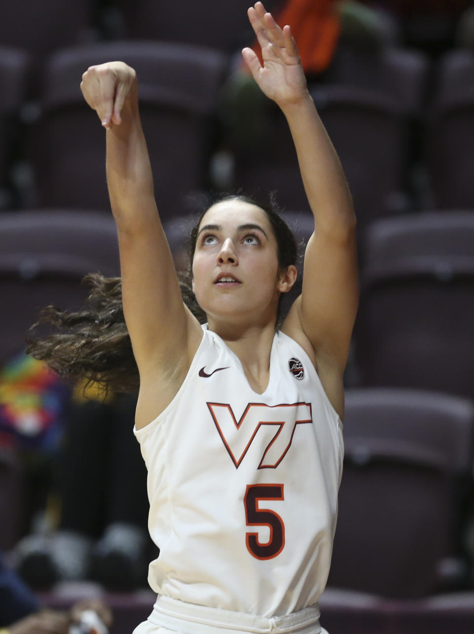 Virginia Tech's Georgia Amoore (5) follows through on a shot against Coppin State during in the first half of an NCAA college basketball game in Blacksburg Va., Wednesday, Nov. 17 2021. (Matt Gentry/The Roanoke Times via AP)