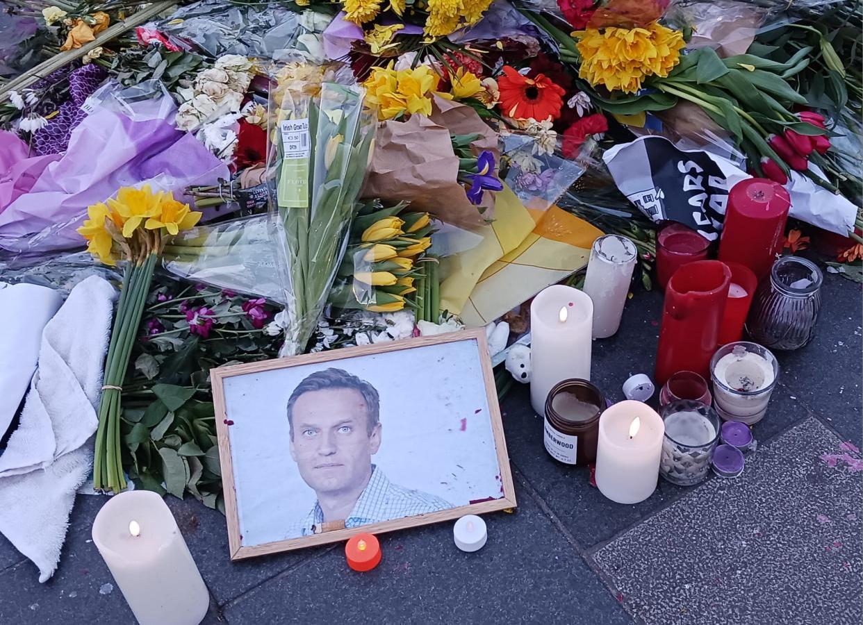 An improvised memorial on O'Connell Street in Dublin on Feb. 26 honors Alexei Navalny, a critic of Russian President Vladimir Putin and who died Feb. 16 in an Arctic prison.