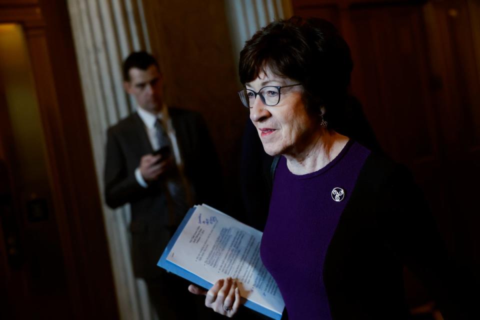 Sen. Susan Collins (R-ME) walks to a luncheon with Senate Republicans at the U.S. Capitol Building on February 27, 2024 in Washington, DC (Getty Images)