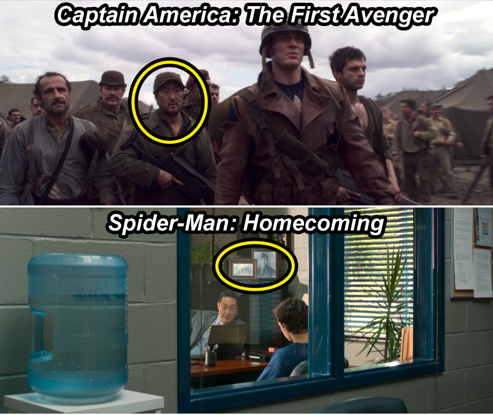 Jim Morita alongside Captain America in The First Avenger and a portrait of Jim in Principal Morita's office in Homecoming