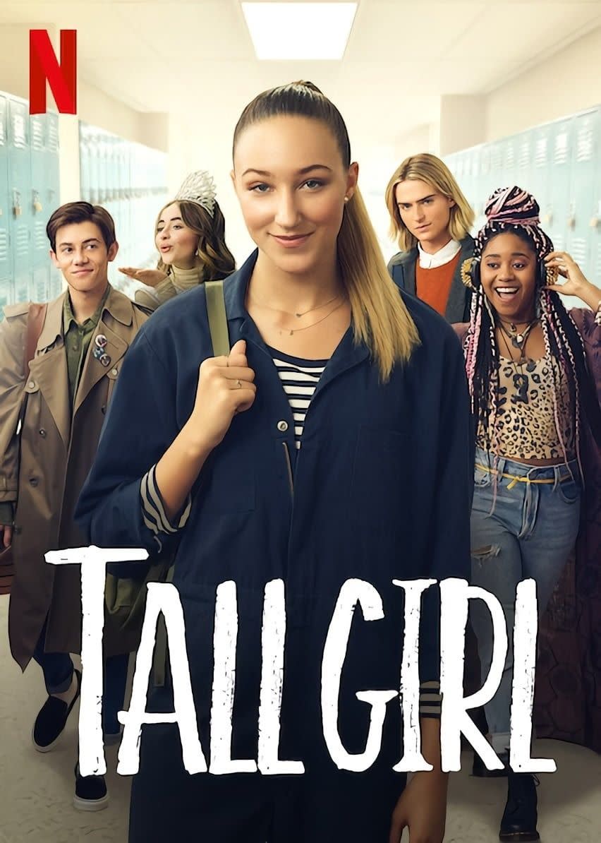 a group of five high schoolers with one standing in the center and underneath her the text reads tall girl