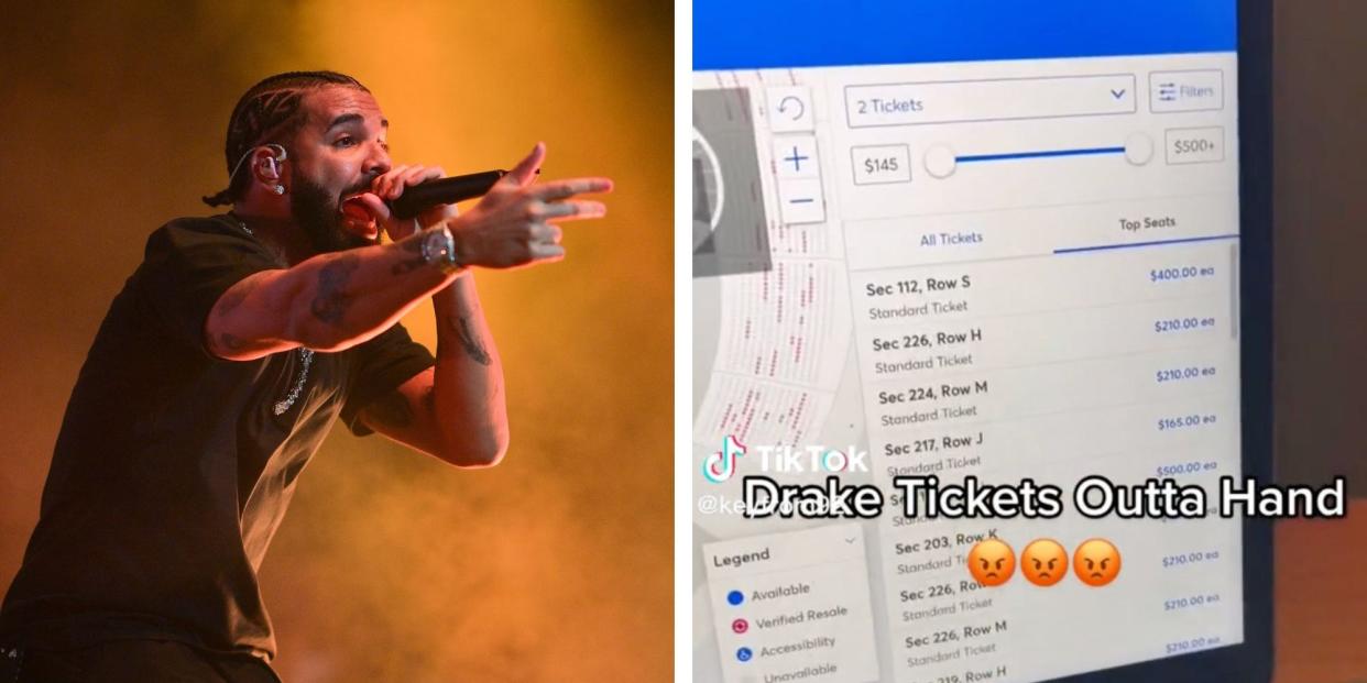 Drake performing and a tiktok complaining about tour ticket prices