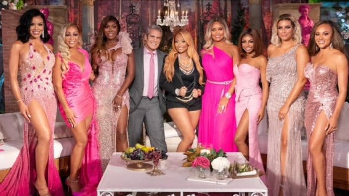 “The Real Housewives of the Potomac” cast members surround their recent reunion show hosts (center) <span class="caas-xray-inline-tooltip"><span class="caas-xray-inline caas-xray-entity caas-xray-pill rapid-nonanchor-lt" data-entity-id="Andy_Cohen" data-ylk="cid:Andy_Cohen;pos:2;elmt:wiki;sec:pill-inline-entity;elm:pill-inline-text;itc:1;cat:MediaPersonality;" tabindex="0" aria-haspopup="dialog"><a href="https://search.yahoo.com/search?p=Andy%20Cohen" data-i13n="cid:Andy_Cohen;pos:2;elmt:wiki;sec:pill-inline-entity;elm:pill-inline-text;itc:1;cat:MediaPersonality;" tabindex="-1" data-ylk="slk:Andy Cohen;cid:Andy_Cohen;pos:2;elmt:wiki;sec:pill-inline-entity;elm:pill-inline-text;itc:1;cat:MediaPersonality;" class="link ">Andy Cohen</a></span></span> and rapper Nicki Minaj. (Photo: Bravo)