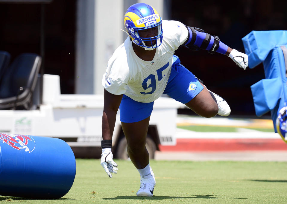 May 27, 2021; Thousand Oaks, CA; Los Angeles Rams defensive tackle Bobby Brown III (95) during oraganized team activities. Gary A. Vasquez-USA TODAY Sports