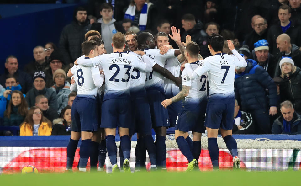 Tottenham celebrate after Harry Kane netted their third in a thriller at Goodison Park