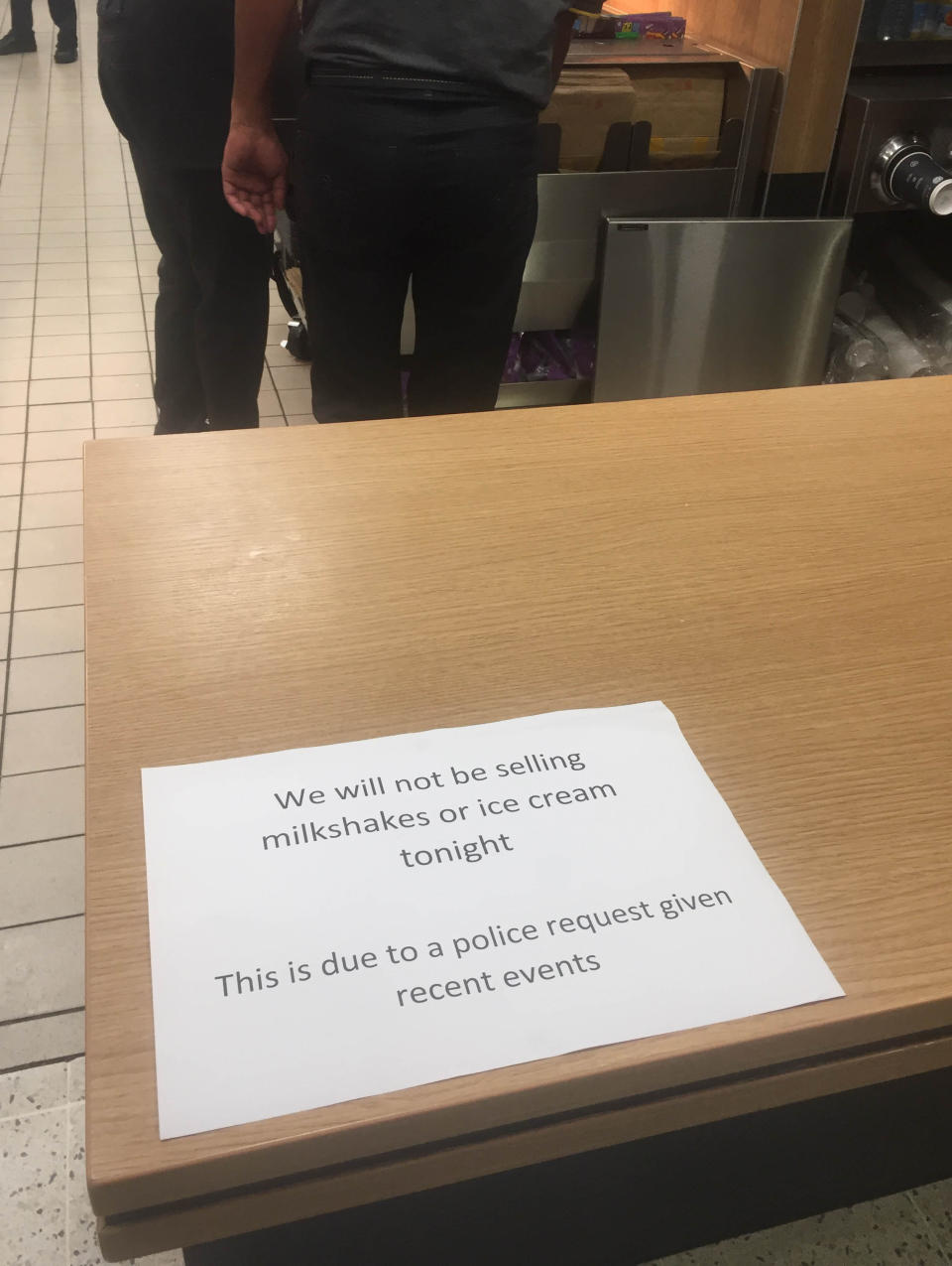 Sign in a McDonalds restaurant in Edinburgh after a police request not sell milkshakes or ice cream near a Brexit Party rally with Nigel Farage.