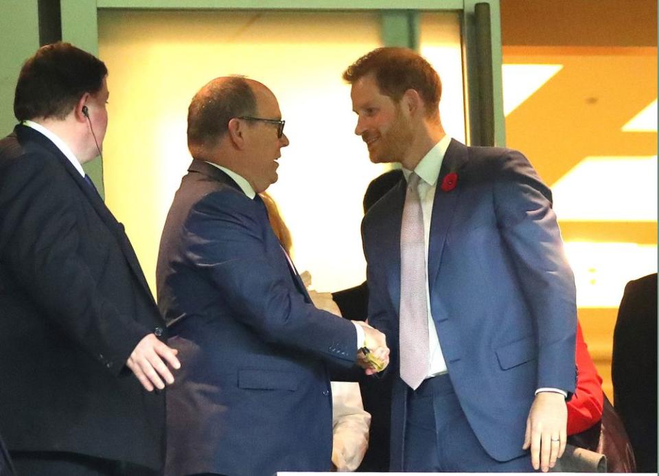 Prince Albert and Prince Harry in Japan at the Rugby World Cup on November 2, 2019. | Cameron Spencer/Getty Images