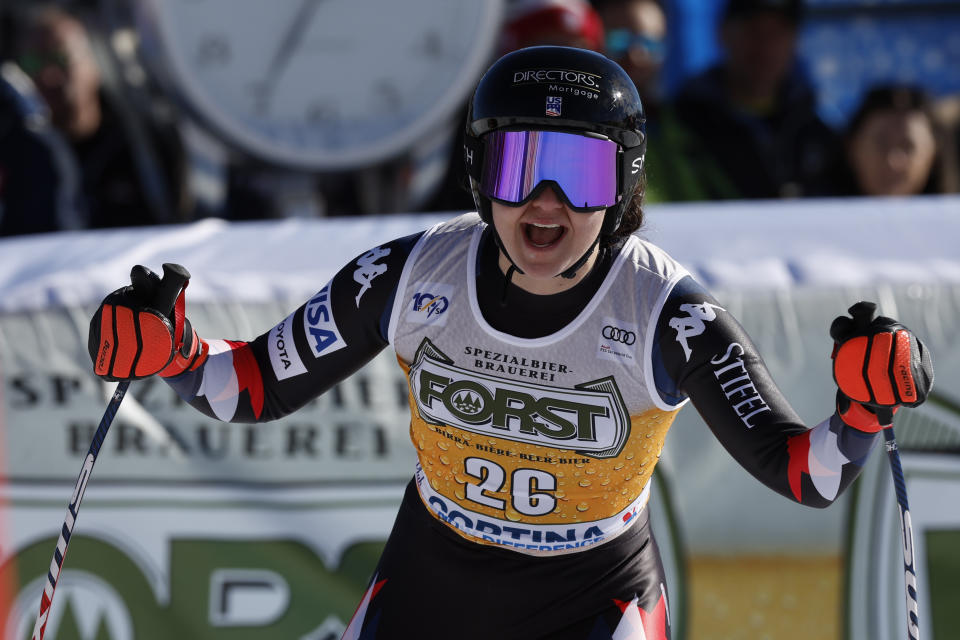 United States' Jacqueline Wiles reacts after concluding an alpine ski, women's World Cup downhill race, in Cortina d'Ampezzo, Italy, Saturday, Jan. 27, 2024. (AP Photo/Alessandro Trovati)