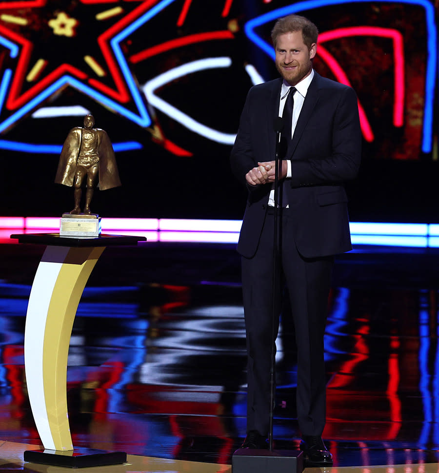 LAS VEGAS, NV - FEBRUARY 8: Prince Harry, Duke of Sussex presents the Walter Payton Man of the Year Award at the 13th Annual NFL Honors on February 8, 2024 in Las Vegas, Nevada. (Photo by Perry Knotts/Getty Images)