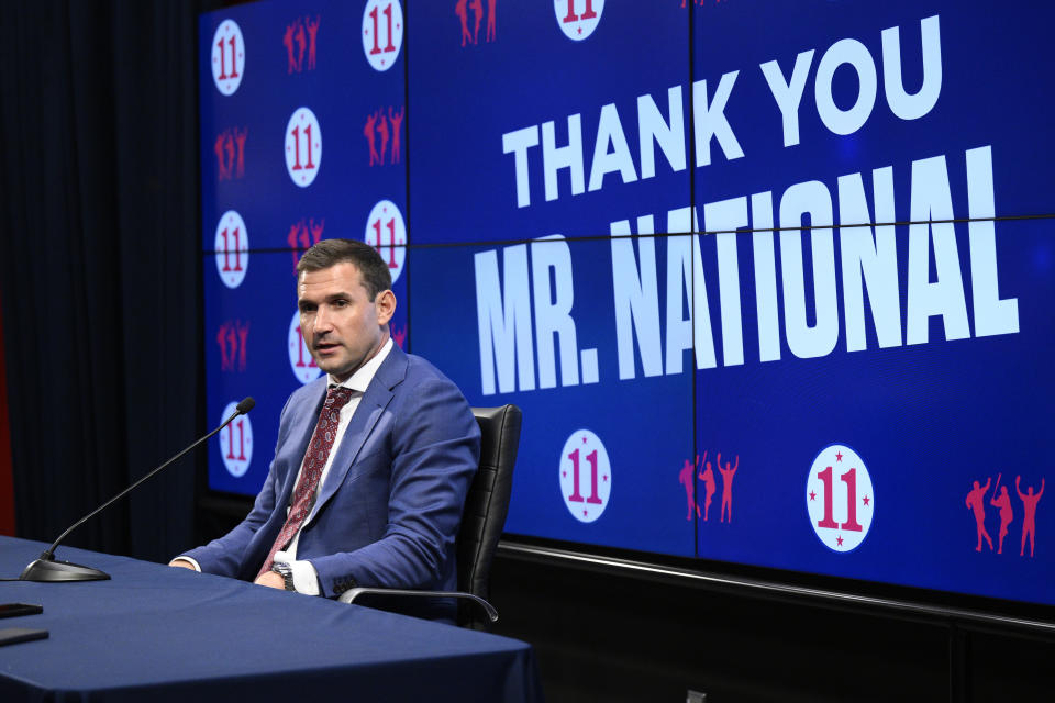 Former Washington Nationals baseball player Ryan Zimmerman speaks to the media at a press conference before his jersey retirement ceremony before a baseball game between the Nationals and the Philadelphia Phillies, Saturday, June 18, 2022, in Washington. (AP Photo/Nick Wass)