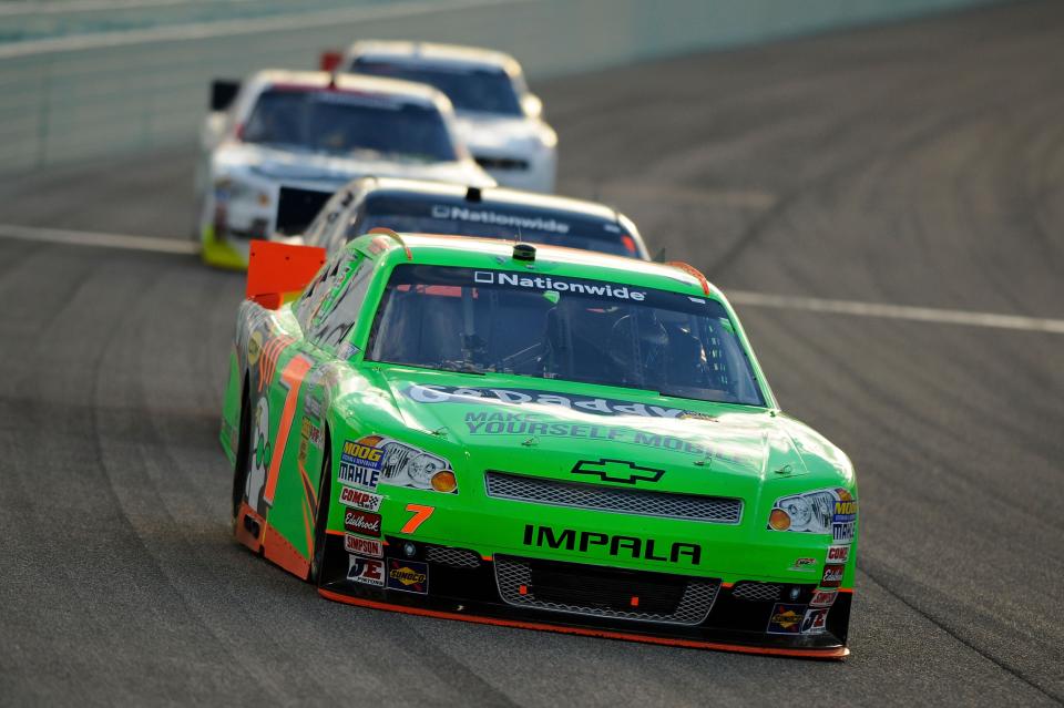 HOMESTEAD, FL - NOVEMBER 17: Danica Patrick, driver of the #7 GoDaddy.com Chevrolet, leads a group of cars during the NASCAR Nationwide Series Ford EcoBoost 300 at Homestead-Miami Speedway on November 17, 2012 in Homestead, Florida. (Photo by Jared C. Tilton/Getty Images for NASCAR)