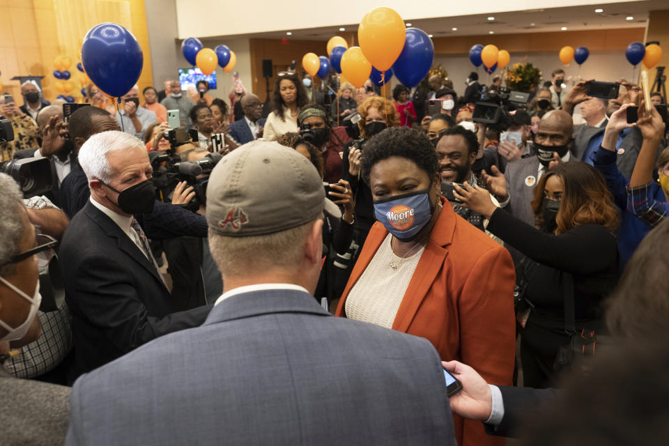 Felicia Moore, Atlanta City Council president and mayoral candidate, talks with journalists at her election night party Tuesday, Nov. 2, 2021. (AP Photo/Ben Gray)