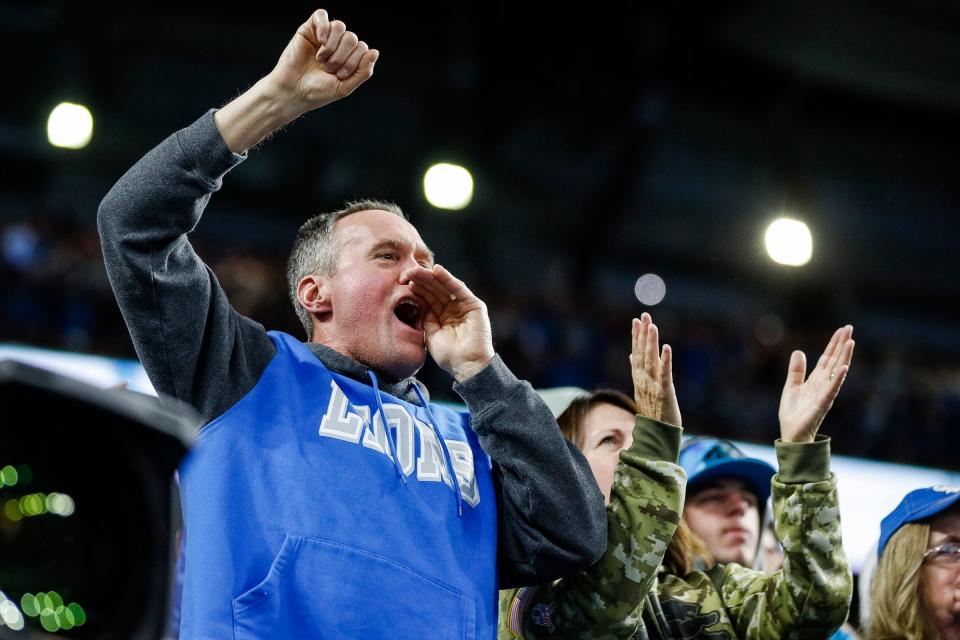 Lions fans cheer during the second half of the Lions' 42-24 win on Sunday, Oct. 8, 2023, at Ford Field.
