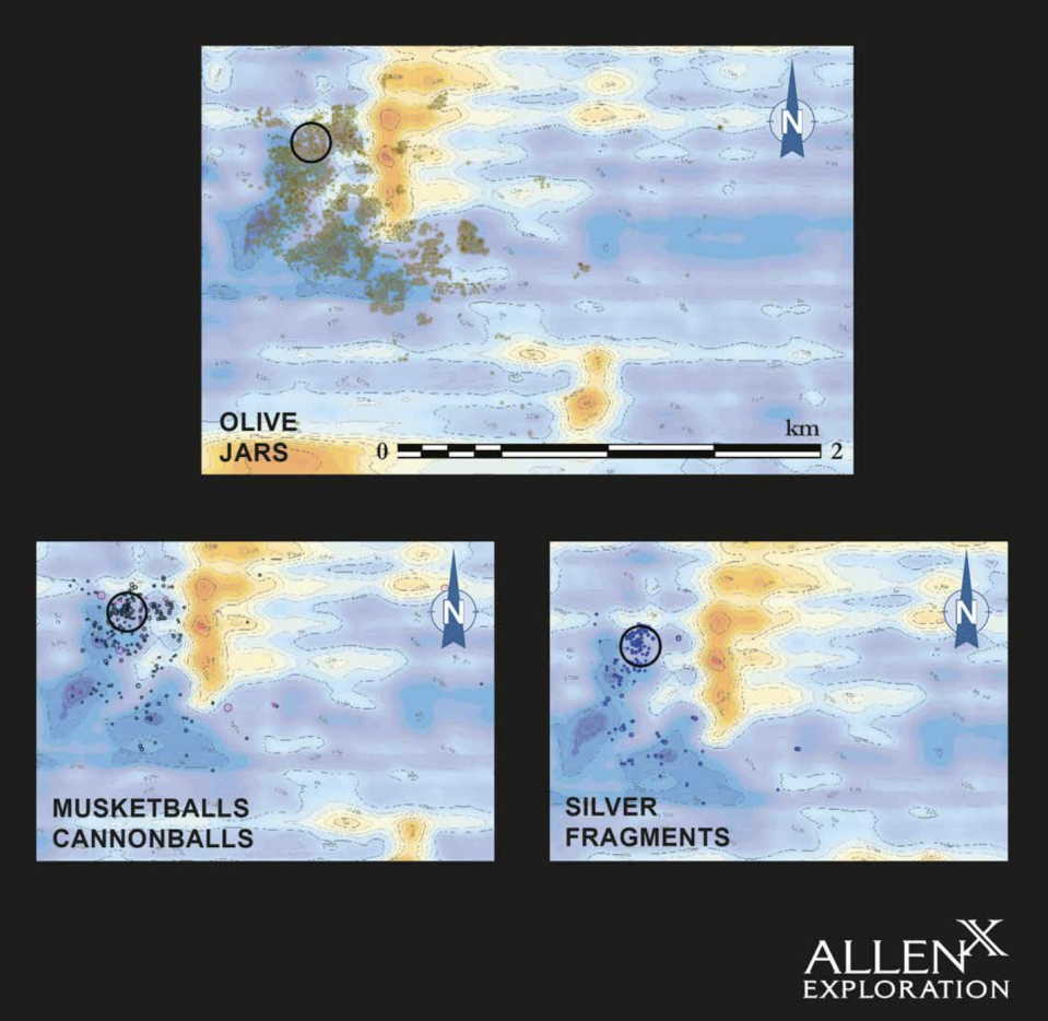 Distribution maps of olive jars, musketballs and cannonballs, and silver fragments discovered along the Maravillas Artifact Scatter Trail. / Credit: Allen Exploration