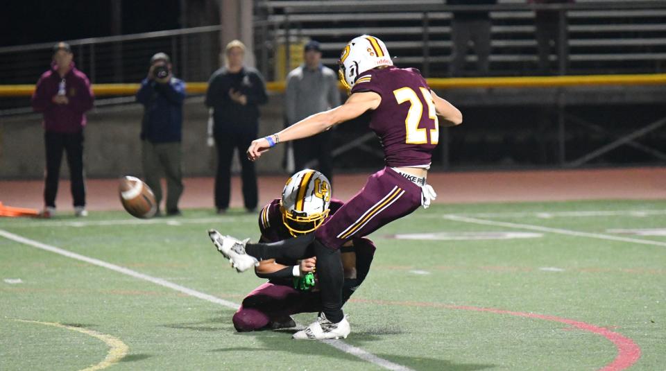 Simi Valley's Jack Reed kicks an extra point during the Pioneers' 27-7 win over Crean Lutheran in a CIF-SS Division 6 quarterfinal game on Nov. 10.