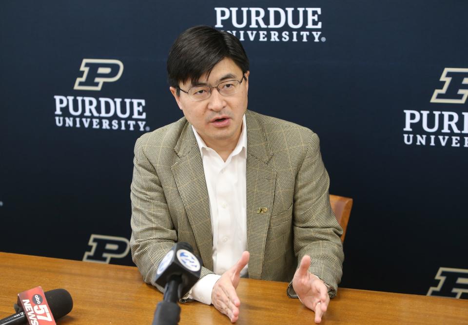 Purdue University President Mung Chiang speaks Monday, Oct. 9, 2023, at the Purdue University Extension offices in South Bend to announce the launch of a collaborative effort called the Purdue Broadband Team to help map and increase high-speed internet access, adoption and use throughout Indiana.