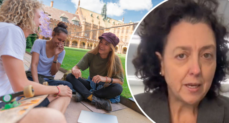 University students sitting on campus next to insert of Dry Monique Ryan