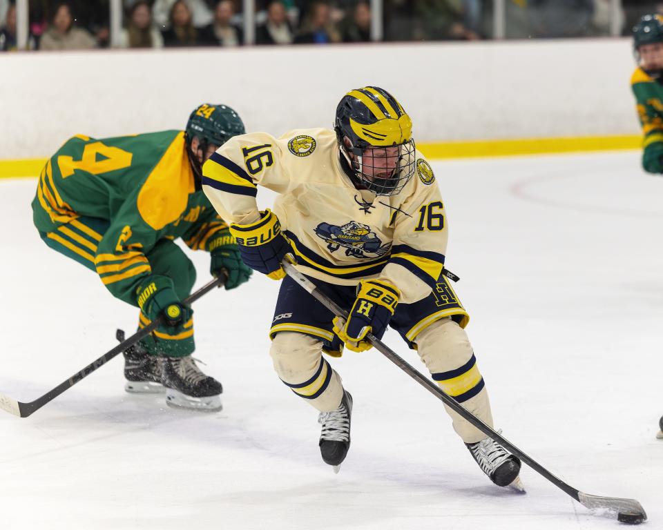 Ian Kastamo (16) and his Hartland hockey teammates could face three top-five teams if they reach the state championship game.