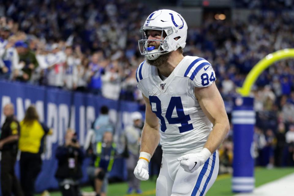 Indianapolis Colts tight end Jack Doyle (84) celebrates a touchdown catch against the Tennessee Titans during the first half of an NFL football game in Indianapolis, Sunday, Dec. 1, 2019.
