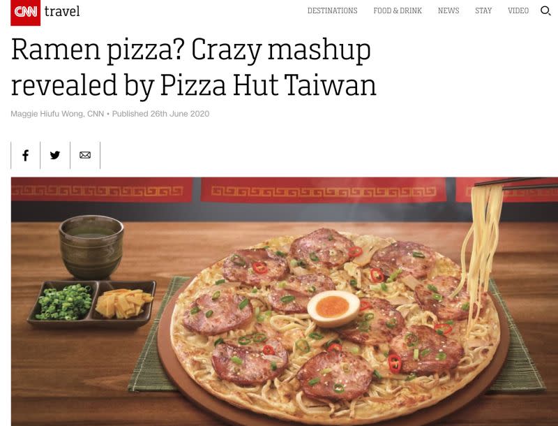 ▲《 CNN 》以「台灣必勝客的瘋狂混搭（ Ramen pizza? Crazy mashup revealed by Pizza Hut Taiwan ）」為題，報導台灣特有的拉麵披薩。（圖／翻攝自《 CNN 》）