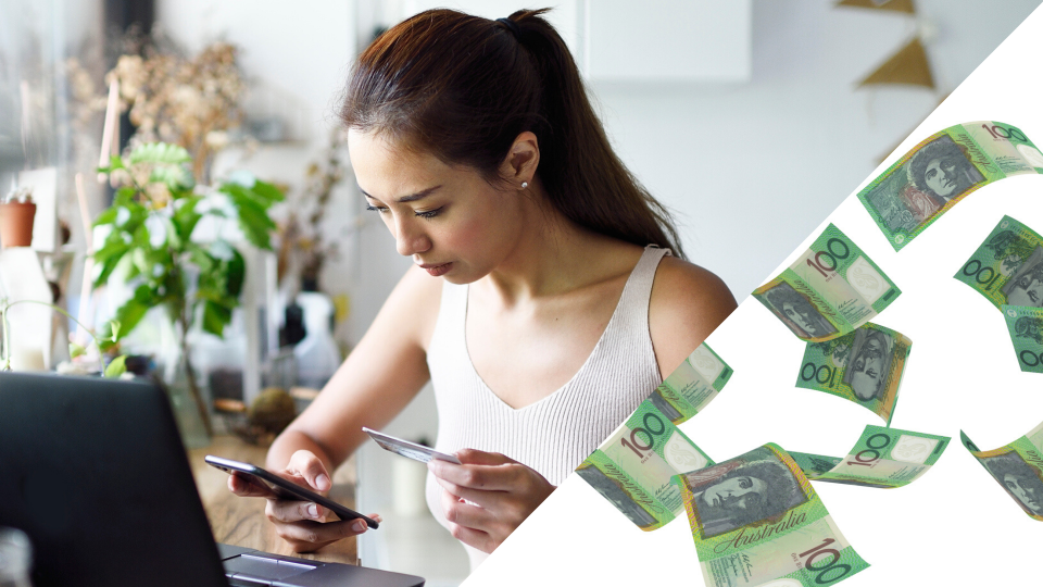 Pictured: Woman shops online in Christmas sales, Australian cash flying in the wind. Images: Getty