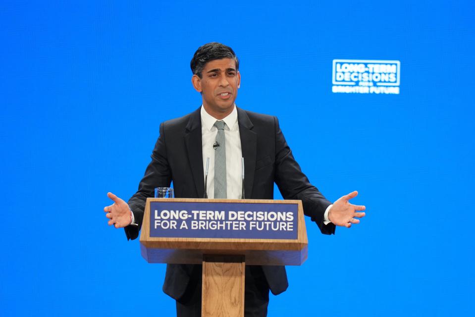 Prime Minister Rishi Sunak delivers his keynote speech at the Conservative Party annual conference at Manchester Central convention complex. Picture date: Wednesday October 4, 2023.