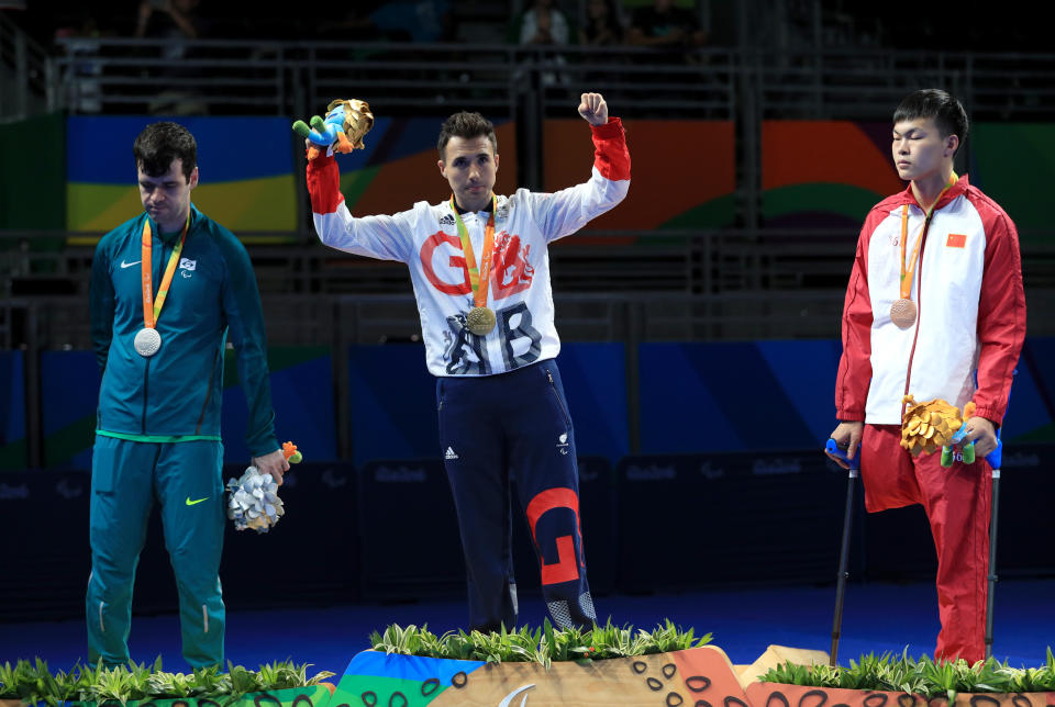 (left-right) Brazil's Israel Pereira Stroh, Great Britain's Will Bayley and China's Shuo Yan take to the podium after the Class 7 Mens Singles Table Tennis Gold Medal Match, during the fifth day of the 2016 Rio Paralympic Games in Rio de Janeiro, Brazil.
