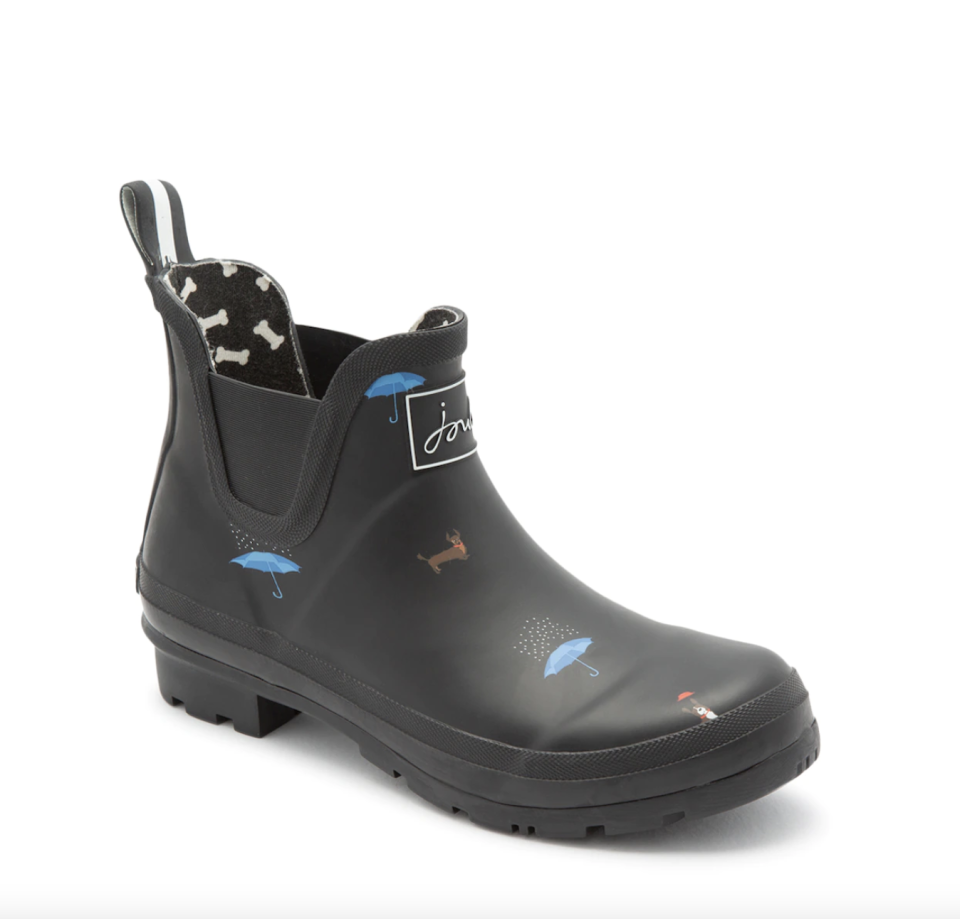 black Joules Wellibob Cat and Dog Rain Boots with blue umbrellas