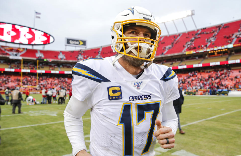 KANSAS CITY, MO - DECEMBER 29: Philip Rivers #17 of the Los Angeles Chargers ran off the field following the 31-21 loss to the Kansas City Chiefs at Arrowhead Stadium on December 29, 2019 in Kansas City, Missouri. (Photo by David Eulitt/Getty Images)