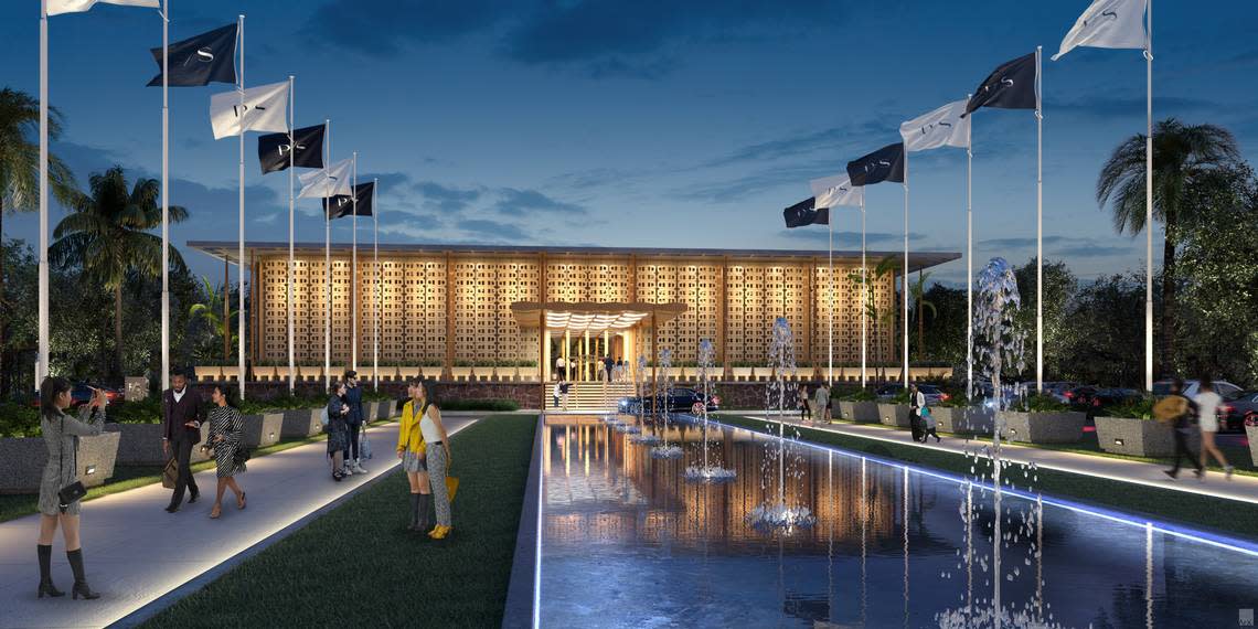 An architectural rendering shows a restored Pan American regional headquarters building and reflecting pool at Miami International Airport. The building will be converted into a luxury private air terminal.