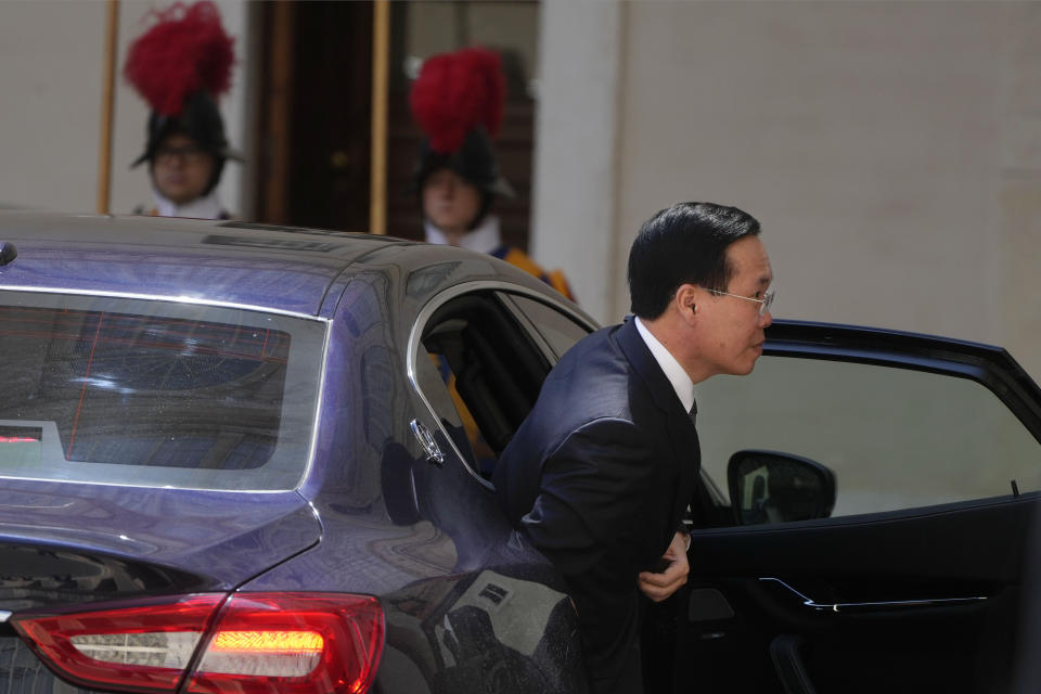 Vietnam President Vo Van Thuong arrives in the San Damaso Courtyard to meet with Pope Francis at the Vatican, Thursday, July 27, 2023. (AP Photo/Gregorio Borgia)