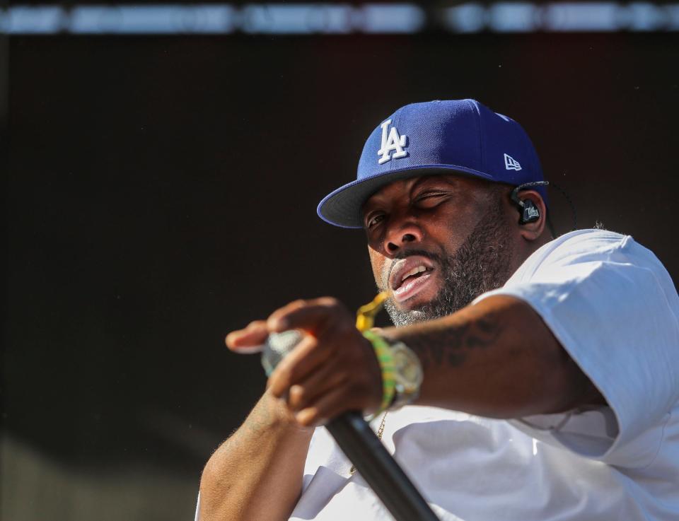 Killer Mike of Run The Jewels gestures out to the crowd while performing on the main stage during the Coachella Valley Music and Arts Festival in Indio, Calif., Sunday, April 17, 2022.