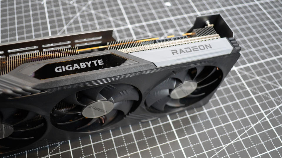 A Gigabyte Radeon RX 7700 XT Gaming OC on a desk